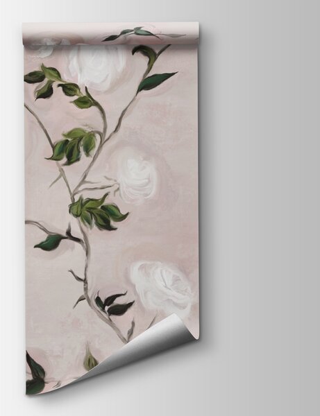 Carta da parati Pittura di un ramo con fiori bianchi e foglie verdi, Carta da parati Rose, Carta da parati popolare, t00224 - Tapeko.it