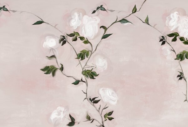Carta da parati Pittura di un ramo con fiori bianchi e foglie verdi, Carta da parati Rose, Carta da parati popolare, t00224 - Tapeko.it