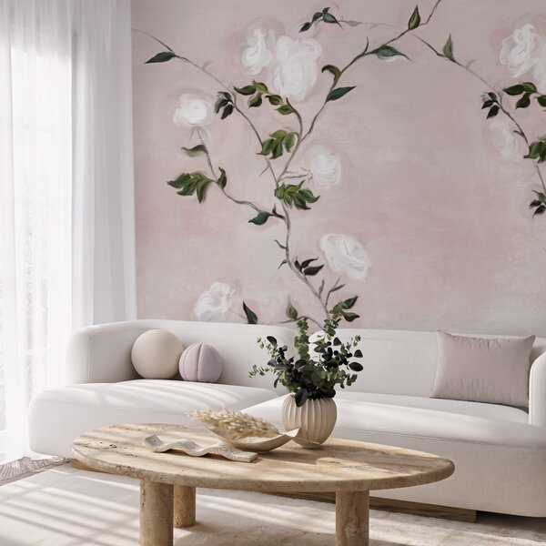 Carta da parati Pittura di un ramo con fiori bianchi e foglie verdi, Carta da parati Rose, Carta da parati popolare, t00224 - Tapeko.it