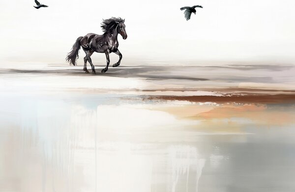 Carta da parati Dipinto di un cavallo che corre su una spiaggia con uccelli in volo, Carta da parati Cavalli, Carta da parati popolare, t00245 - Tapeko.it