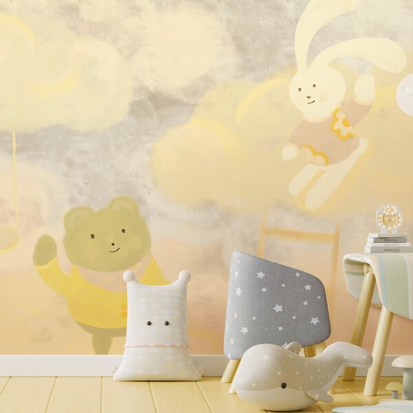 Carta da parati Orso e coniglietto dei cartoni animati tra le nuvole, Carta da parati animali, Carta da parati popolare, t00272 - Tapeko.it