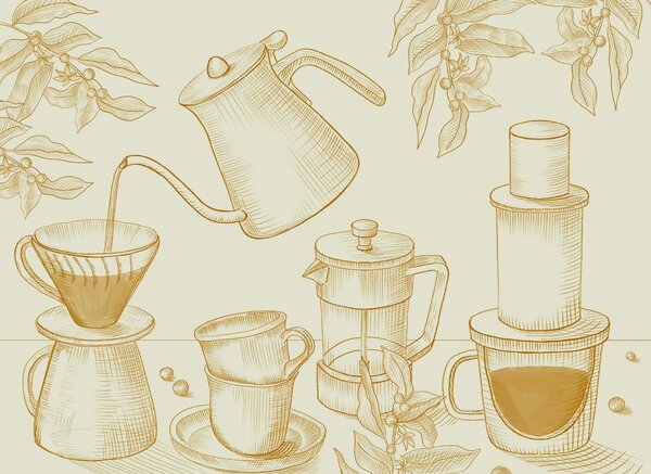 Carta da parati Disegno dell'erogazione del caffè, Carta da parati Cibo e bevande, Carta da parati popolare, t00275 - Tapeko.it