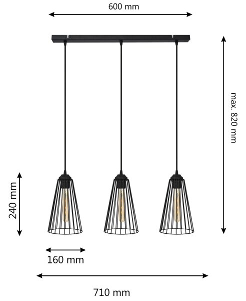 Lampadario a sospensione con filo TORRI 3xE27/15W/230V nero