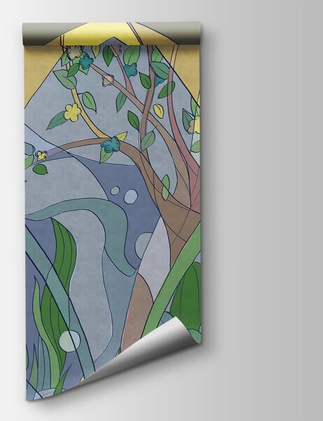 Carta da parati Arte colorata di alberi e piante, Carta da parati Natura, Carta da parati popolare, t00269 - Tapeko.it