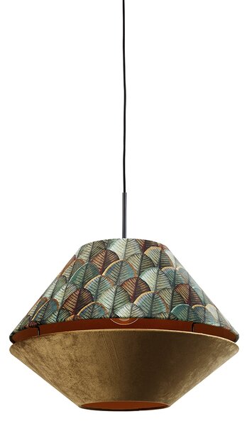 Lampada a sospensione nera con doppio paralume in velluto, motivo foglia e beige - Combi 1