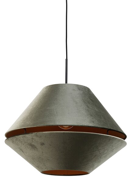 Lampada a sospensione nera con doppio paralume in velluto verde e interno oro - Combi 1