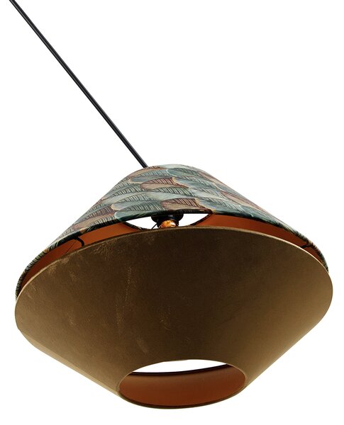 Lampada a sospensione nera con doppio paralume in velluto, motivo foglia e beige - Blitz