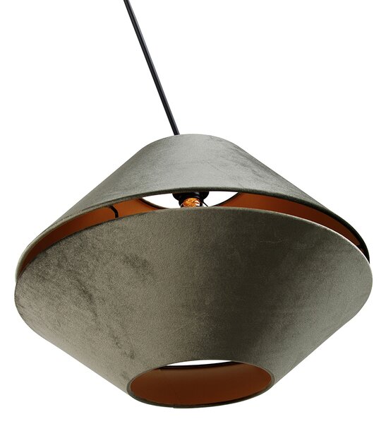 Lampada a sospensione nera con doppio paralume in velluto verde e interno oro - Blitz