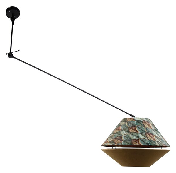 Lampada a sospensione nera con doppio paralume in velluto, motivo foglia e beige - Blitz