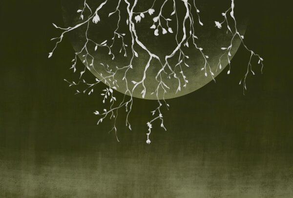 Carta da parati Rami di alberi con foglie e luna, Carta da parati acquerello sul muro, Carta da parati popolare, t00308 - Tapeko.it