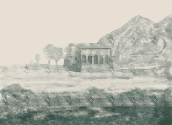 Carta da parati Dipinto raffigurante un edificio e una montagna, Carta da parati acquerello sul muro, Carta da parati popolare, t00367v1 - Tapeko.it