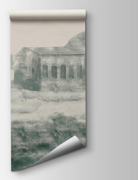 Carta da parati Dipinto raffigurante un edificio e una montagna, Carta da parati acquerello sul muro, Carta da parati popolare, t00367v1 - Tapeko.it