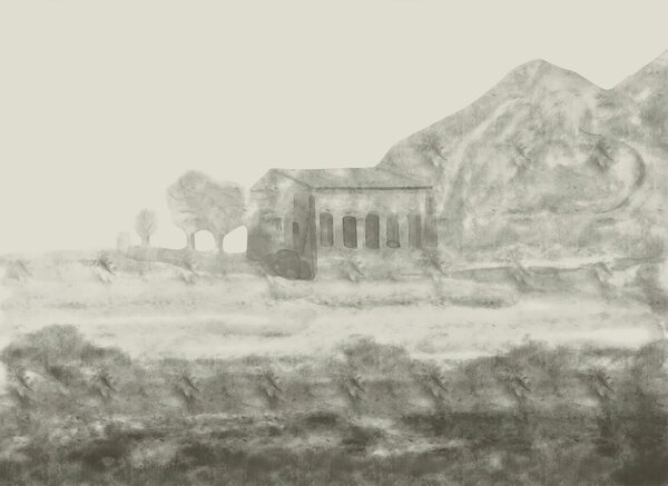 Carta da parati Disegno di un edificio e di una montagna, Carta da parati Natura, Carta da parati popolare, t00367 - Tapeko.it