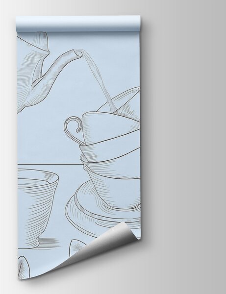 Carta da parati Teiera che versa il tè in una pila di tazze da tè, Carta da parati design, Carta da parati popolare, t00418 - Tapeko.it