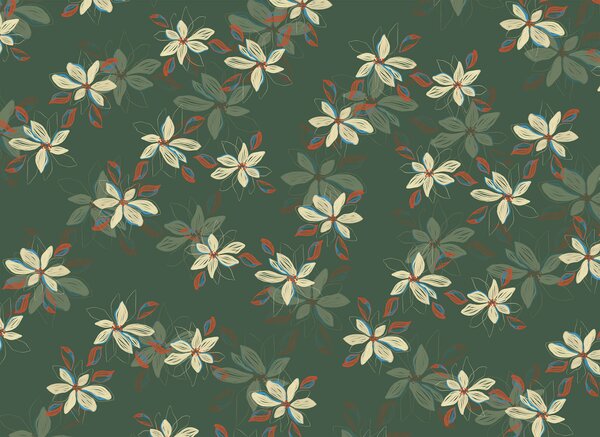 Carta da parati Motivo di fiori bianchi e foglie rosse su sfondo verde, Carta da parati Floreale, Carta da parati popolare, t00484 - Tapeko.it