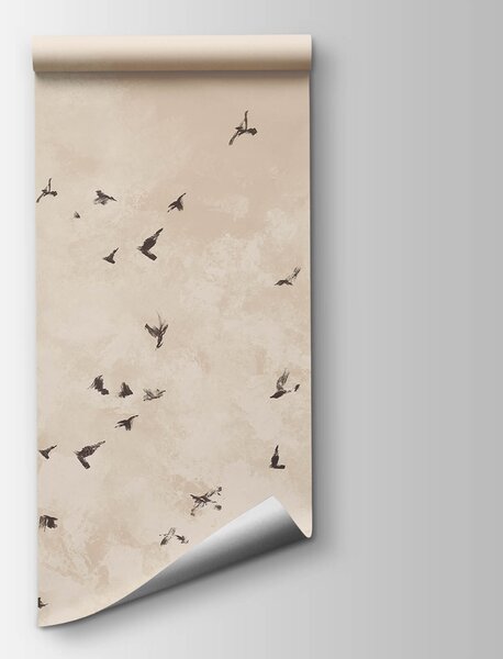 Carta da parati Stormo di uccelli nel cielo, Carta da parati acquerello sul muro, Carta da parati popolare, t00519 - Tapeko.it