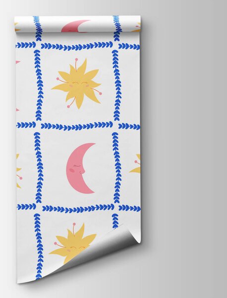 Carta da parati Modello del sole e della luna, Carta da parati per Bambini, Carta da parati popolare, t00585 - Tapeko.it