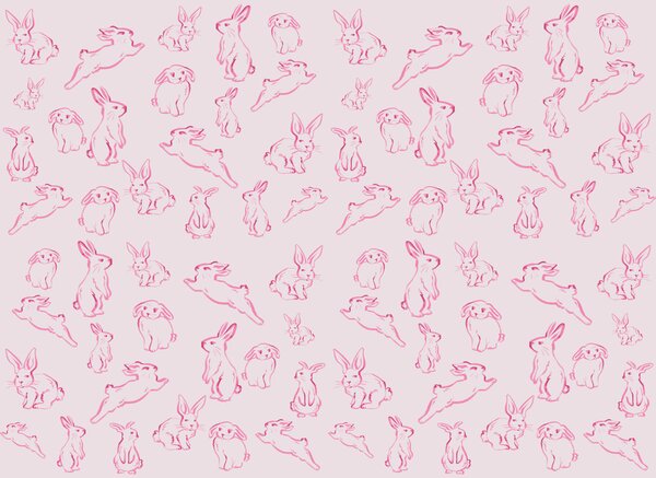 Carta da parati Gruppo di conigli disegnati in rosa, Carta da parati animali, Carta da parati popolare, t00593 - Tapeko.it