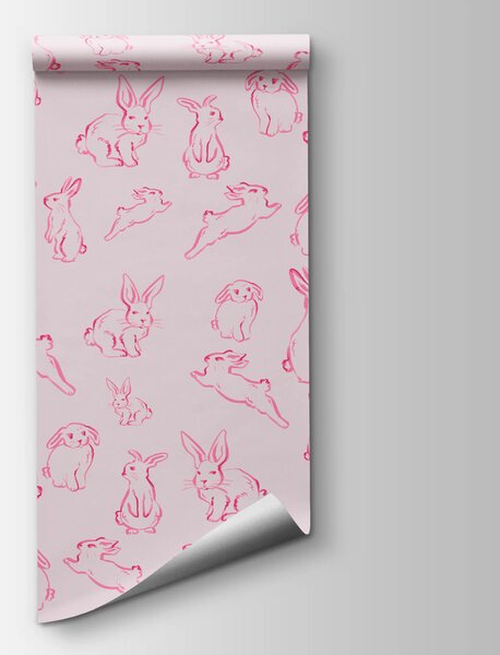 Carta da parati Gruppo di conigli disegnati in rosa, Carta da parati animali, Carta da parati popolare, t00593 - Tapeko.it