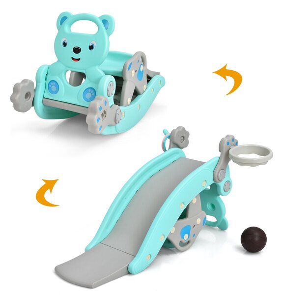 Costway Set scivolo e cavallo a dondolo 2 in 1 per dondolarsi e scivolare, Cavallo a dondolo di plastica per bambini Blu