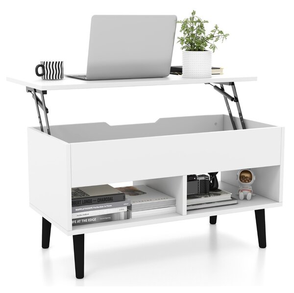 Costway Tavolino da caffè moderno con scomparto nascosto e 2 scaffali aperti, Tavolino in legno per soggiorno Bianco