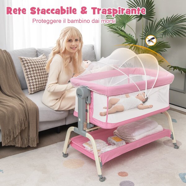 Costway Culla per neonati con 6 altezze regolabili materasso rete a 4 lati  cesto portaoggetti, Culla portatile Rosa