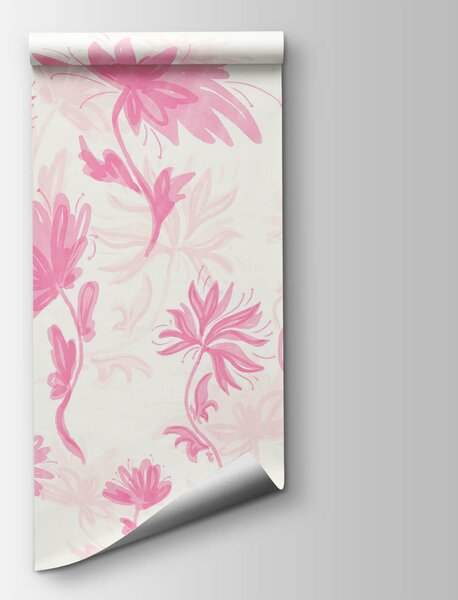 Carta da parati Fiori rosa su sfondo bianco, Carta da parati acquerello sul muro, Carta da parati popolare, t00627v1 - Tapeko.it