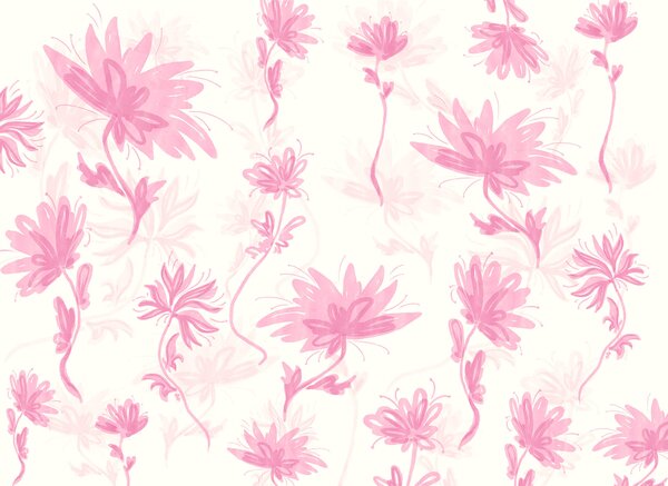 Carta da parati Fiori rosa su sfondo bianco, Carta da parati acquerello sul muro, Carta da parati popolare, t00627v1 - Tapeko.it