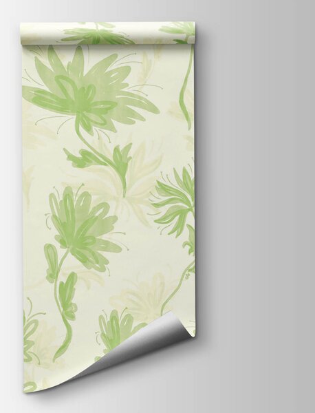 Carta da parati Motivo floreale verde e bianco, Carta da parati acquerello sul muro, Carta da parati popolare, t00627v2 - Tapeko.it