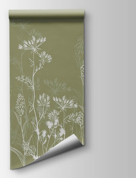 Carta da parati Delicate silhouette floreali su sfondo verde, Carta da parati Natura, Carta da parati popolare, t00631 - Tapeko.it