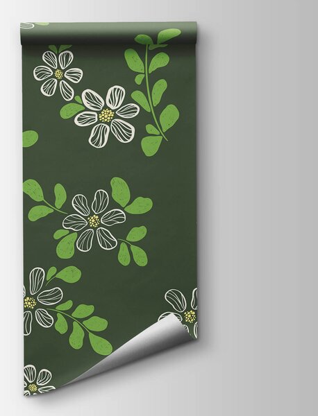 Carta da parati Motivo con fiori bianchi e foglie verdi, Carta da parati Natura, Carta da parati popolare, t00630 - Tapeko.it