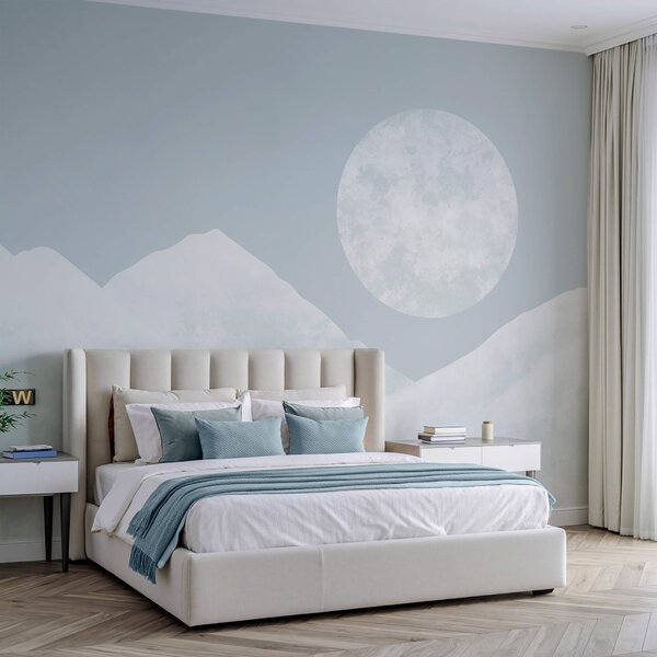 Carta da parati La luna su una montagna innevata, Carta da parati acquerello sul muro, Carta da parati popolare, t00650v1 - Tapeko.it