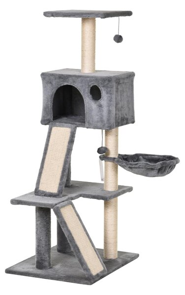 Tiragraffi Con Cuccia E Cestino Sospeso Per Gatti 60x49x130 Cm In Peluche Sisal Grigio
