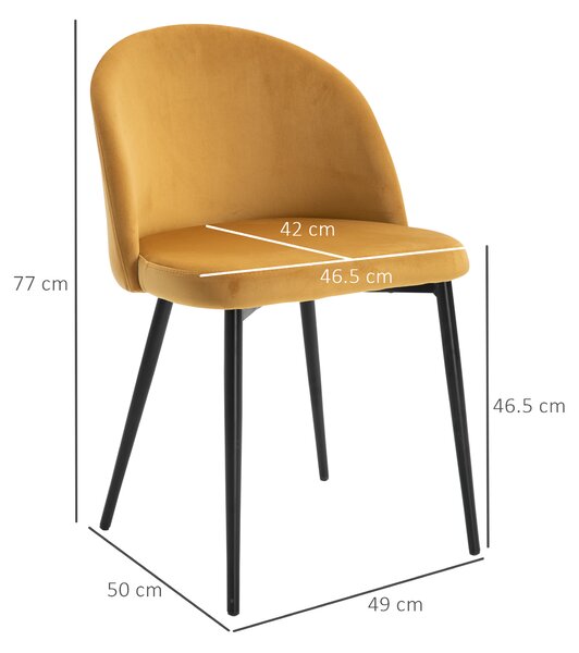 HOMCOM Set di 2 Sedie per Sala da Pranzo e Cucina Imbottite in Velluto, 49x50x77cm, Giallo|Aosom