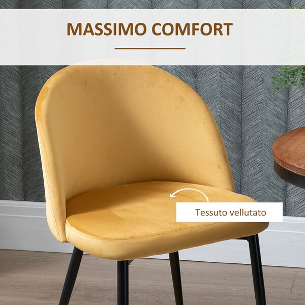 HOMCOM Set di 2 Sedie per Sala da Pranzo e Cucina Imbottite in Velluto, 49x50x77cm, Giallo|Aosom