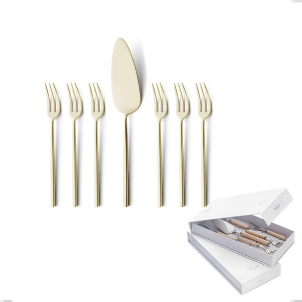 Confezione a libro 7 pezzi, forchettine pi� paletta dolce Kyoto Sabbiato Champagne, Acciaio inox (Aisi 304) inox sabbiato