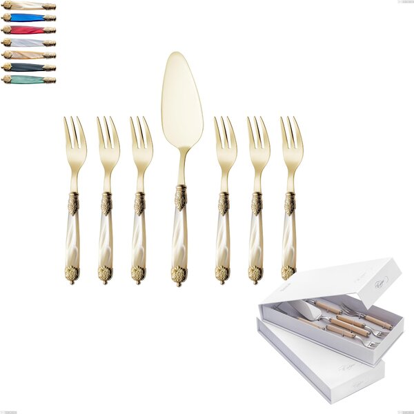 Confezione a libro 7 pezzi, forchettine pi� paletta dolce Mirage Perlato Tin gold, acciaio 18.10 con finitura pvd dorata colorato, manici in metacrilato