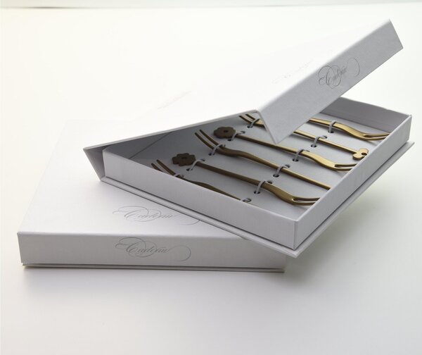 Forchettine Party Cadeau Sahara 127 mm 6 pezzi assortiti in confezione a libro Oro Opaco