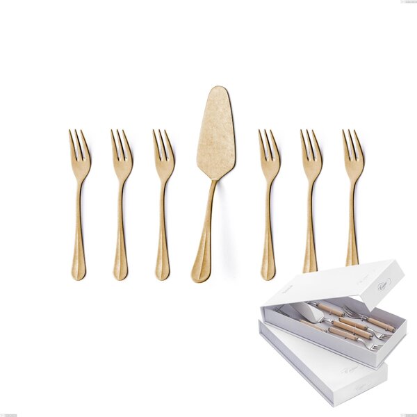 Confezione a libro 7 pezzi, forchettine pi� paletta dolce Royal Retr� PVD Gold, Acciaio 18/10 antico, spessore 2.5 mm, pvd oro