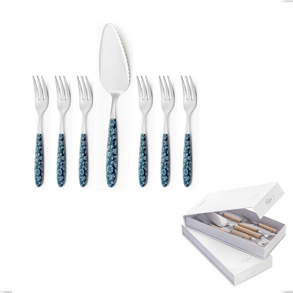 Confezione a libro 7 pezzi, forchettine pi� paletta dolce vero flowers, acciaio 18.0 nickel free, manicatura pbt sublimato acciaio lucido