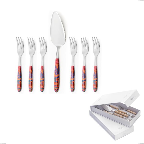Confezione a libro 7 pezzi, forchettine pi� paletta dolce vero linear, acciaio 18.0 nickel free, manicatura pbt sublimato acciaio lucido