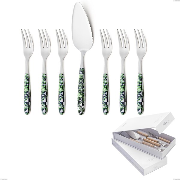 Confezione a libro 7 pezzi, forchettine pi� paletta dolce vero icon, acciaio 18.0 nickel free, manicatura pbt sublimato acciaio lucido