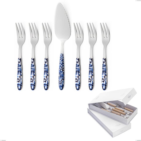 Confezione a libro 7 pezzi, forchettine pi� paletta dolce vero triangle, acciaio 18.0 nickel free, manicatura pbt sublimato acciaio lucido