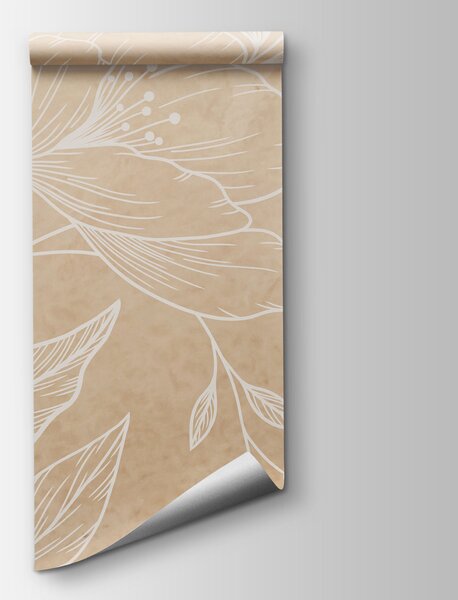 Carta da parati Fiori e foglie bianchi su uno sfondo beige, Carta da parati Floreale, Carta da parati popolare, t01003v1 - Tapeko.it