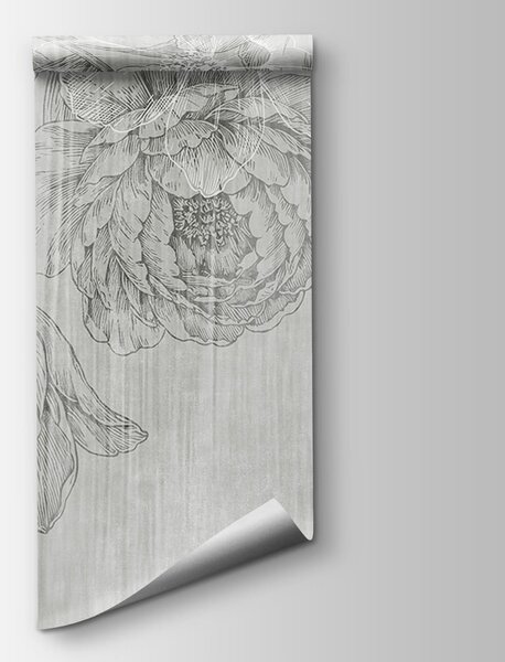 Carta da parati Motivo floreale bianco e grigio, Carta da parati Natura giardini giapponesi, Carta da parati popolare, t01004 - Tapeko.it