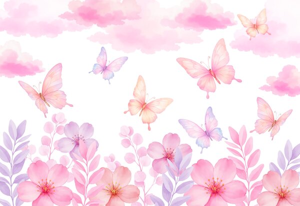 Carta da parati Fiori e farfalle rosa e viola, Carta da parati Farfalle, Carta da parati popolare, t01006 - Tapeko.it