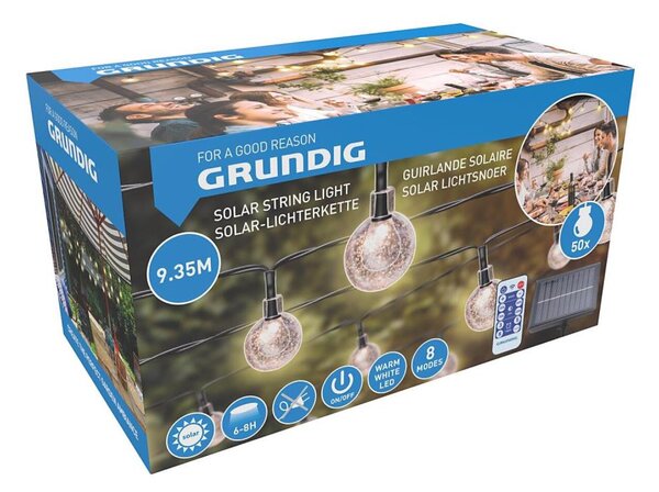 Grundig - Catena solare dimmerabile 50 LED/8 funzioni 9,35m bianco caldo + DO