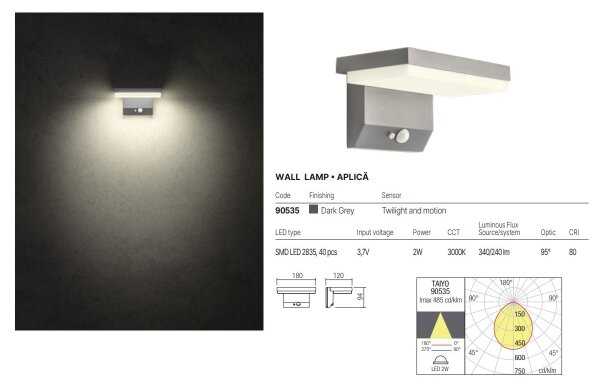 Redo 90535 - Luce solare a LED con sensore TAIYO LED/2W/3,7V 3000K IP54 antracite