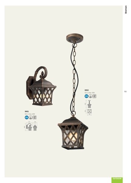 Redo 9952 - Lampadario da esterno a sospensione con catena BREMEN 1xE27/42W/230V IP23 oro/patina