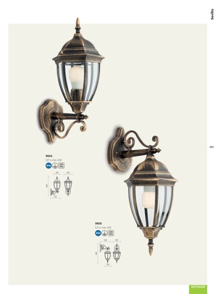 Redo 9604 - Applique da esterno SEVILLA 1xE27/42W/230V IP44 oro/patina